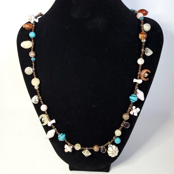 Vintage Collections Ward Beaded Necklace Brown Beige Blue Shell Look - Picture 2 of 10